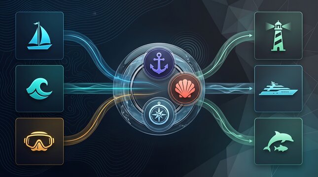 Maritime navigation and marine exploration process flow chart with digital icons representing nautical tools and sea life in a sleek 3D render for oceanographic research projects