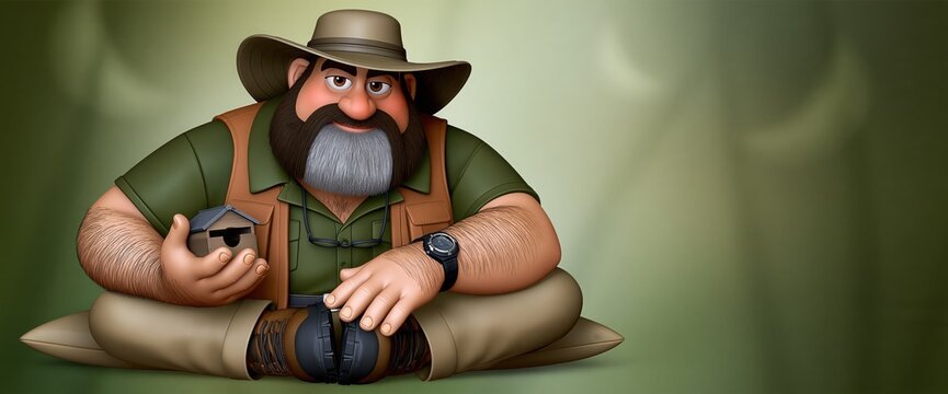 Explorer character sits cross-legged wearing a safari hat and outdoor vest against a soft green background.
