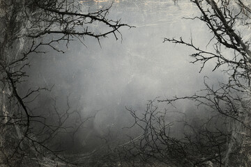 Obraz premium Vintage Halloween paper background with faded gray fog and dark thorny branches creating spooky eerie atmosphere