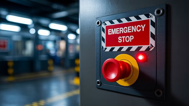 Emergency stop button on industrial machinery control panel for workplace safety and equipment protection