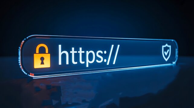 Secure internet connection concept with glowing https address bar, lock symbol and digital cybersecurity protection