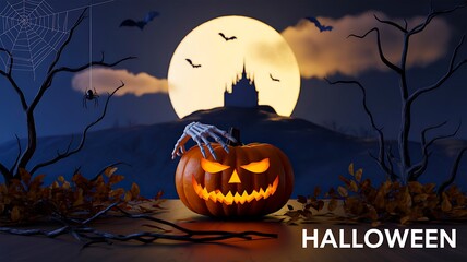 Fototapeta premium Halloween pumpkin with glowing face under full moon in spooky haunted landscape