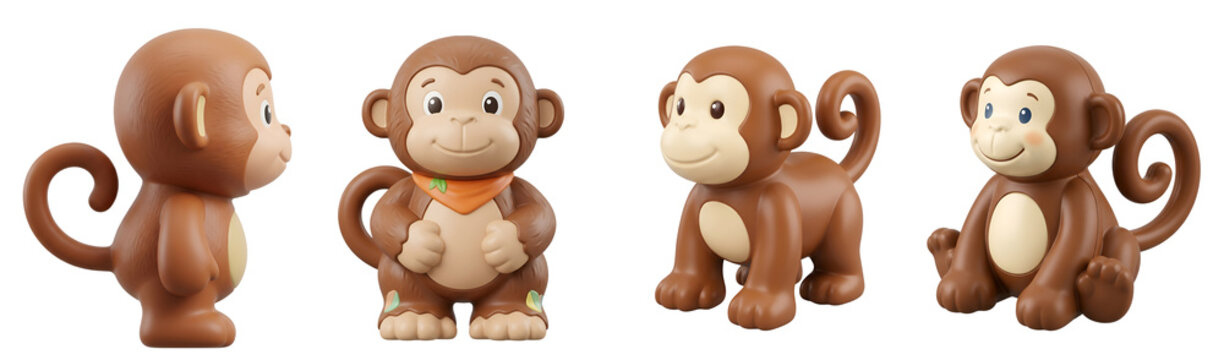 Four toy monkeys in different poses on transparent background