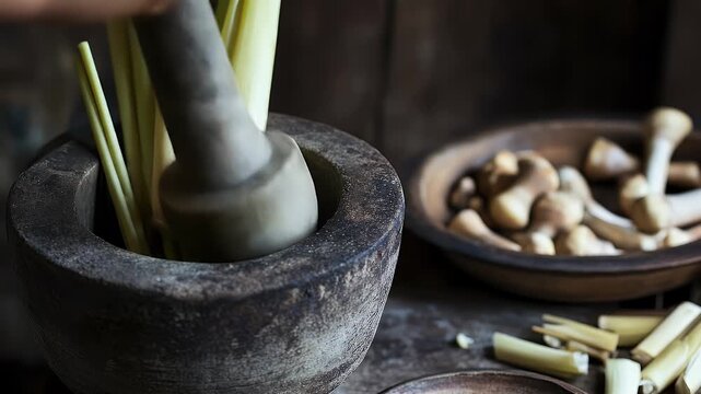 Herbs are being crushed in a stone mortar with wooden bowls beside