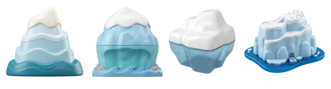 Four toy icebergs on transparent background, showcasing different angles and shapes of icy sculptures