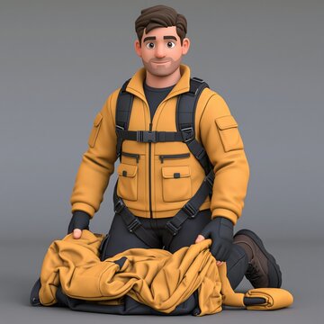 Male adventurer character kneeling down prepares his yellow backpack on a plain studio background.