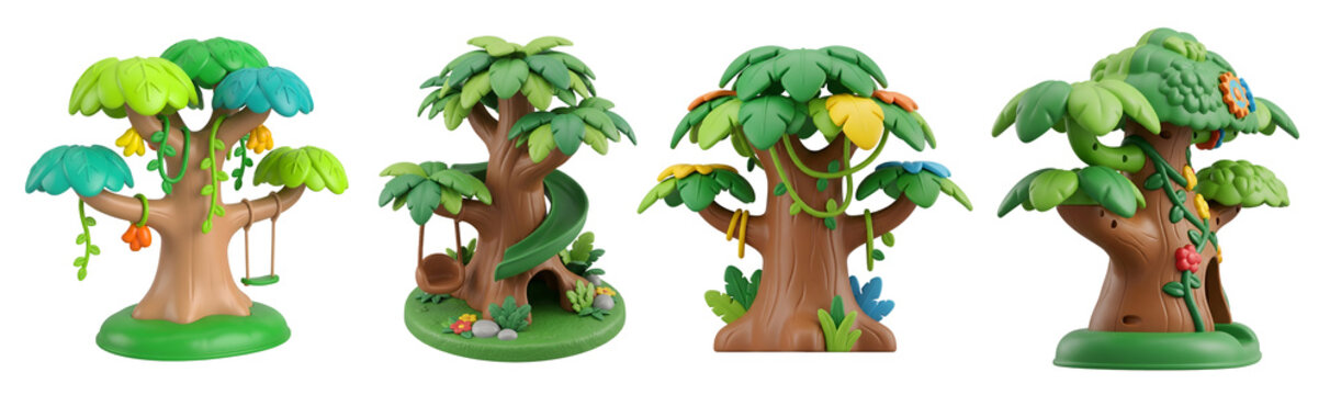 Four colorful toy trees with unique features on transparent background