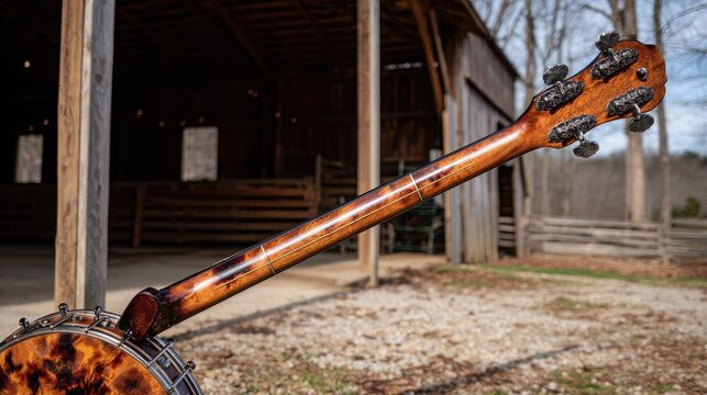 Aged wooden banjo neck with glossy finish and visible frets, set against a rustic barn background.