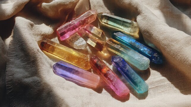 A Vibrant Assortment of Polished Quartz Crystal Points in an Array of Colors.
