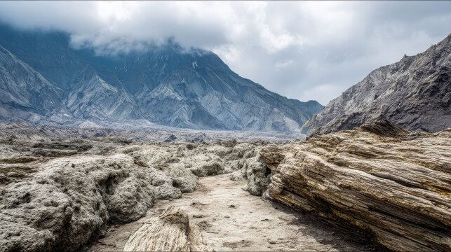 Volcanic mudflow channels etched into a desolate rocky landscape below a cloudy mountain peak.