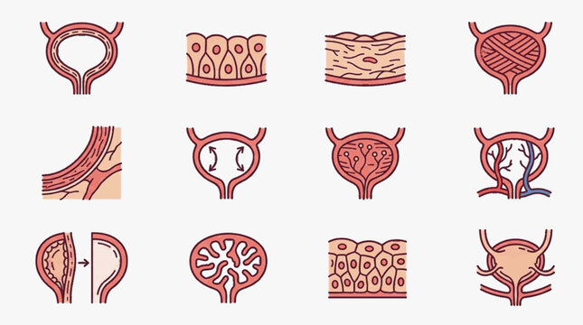 Medical icons set of human bladder anatomy and urinary system histology, featuring tissue layers, epithelial cells, detrusor muscle fibers, blood vessels, and organ function diagrams.