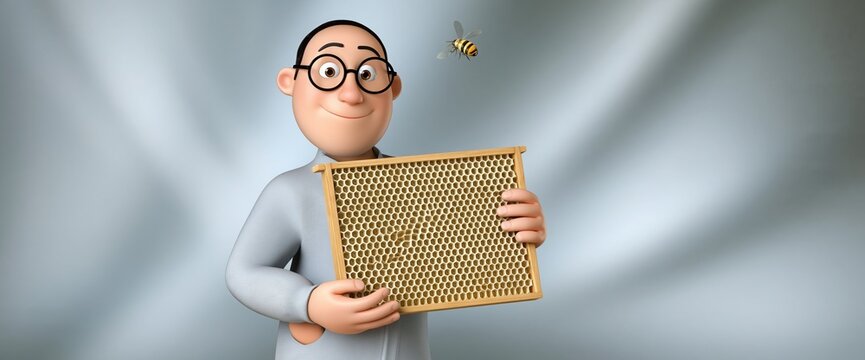 Beekeeper cartoon character with glasses holding a honeycomb frame while a bee flies overhead.