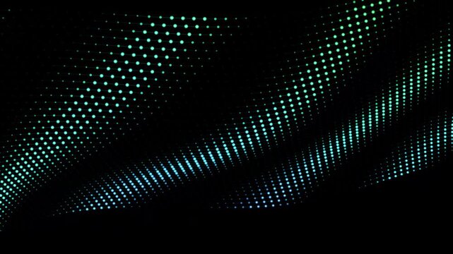 Abstract background with glowing green and blue light dots in wavy patterns on a black surface 4k Motion Video