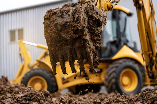 Close-up of muddy excavator bucket scoop full of dirt at a construction site, with yellow backhoe loader machine working on building ground.