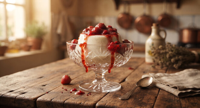 raditional home-style presentation of a classic Panna Cotta served in a vintage crystal dessert coupe, 