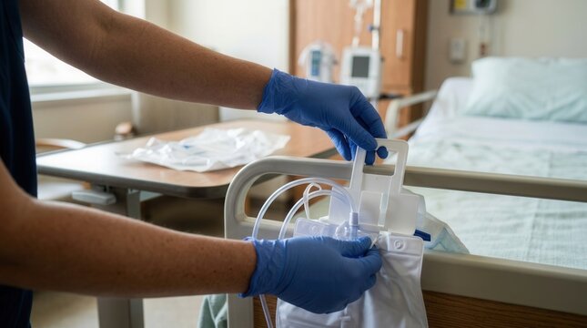 Nurse in blue gloves attending to a medical drainage bag next to a hospital bed