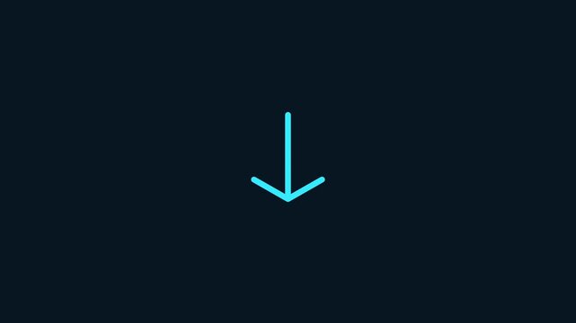 Minimalist glowing cyan neon down arrow icon for interface download and navigation on dark background