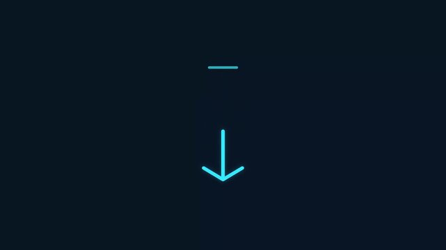Minimalist glowing blue neon arrow pointing downwards on a dark background for digital interface design