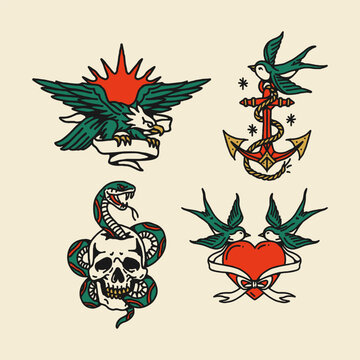 Traditional Eagle Anchor Snake Skull Tattoo Flash Set
