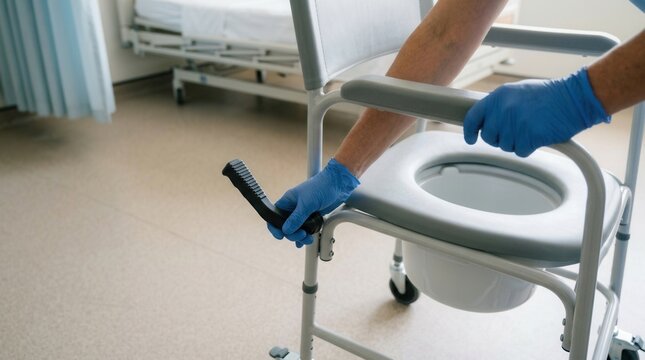 Nurse Adjusts Commode Chair with Gloves in Hospital Room near Bed