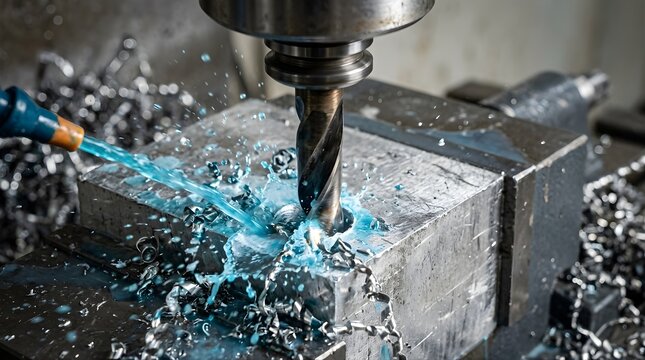 Industrial CNC milling machine drilling metal part with cooling liquid