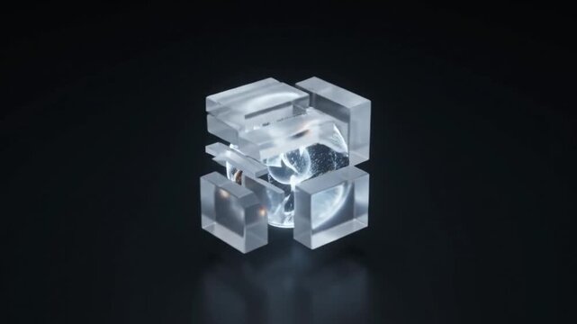 3D motion icon animation of data streams converging into a glowing core and forming structured report blocks