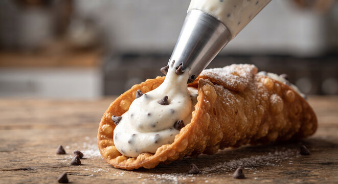Dynamic action shot of a silver pastry piping bag squeezing smooth, velvety sheep's milk ricotta cream into the open end of a crisp fried cannoli shell, 