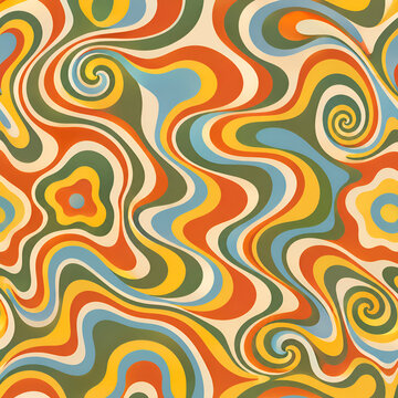Retro Psychedelic Groovy Wavy Seamless Pattern in 1970s Vintage Colors