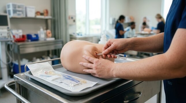 Nurse practicing medical procedure on simulation dummy in training lab