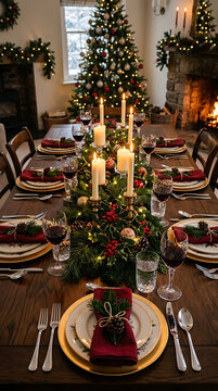 Festive Christmas Dinner Table Setting with Candles and Christmas Tree
