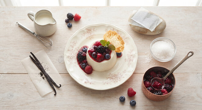 Overhead flat lay composition featuring a heavy cream pitcher, a split vanilla bean, silver gelatin sheets, sugar crystals, and a small copper pot of berry compote 