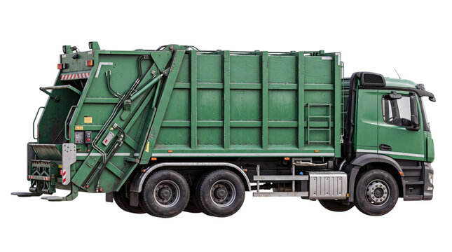 Green side-loading garbage truck with png isolated on transparent background