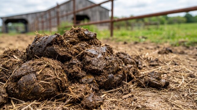 Fresh organic cow manure pile on a farm field