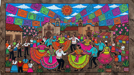 Naklejka premium Handmade paper folk art, fiesta dance, papel picado