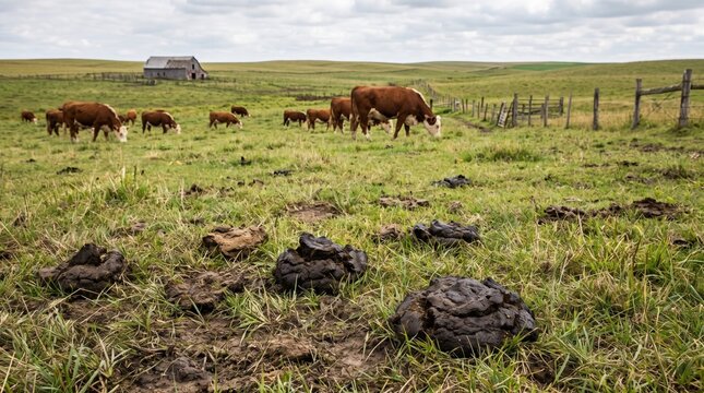 Herd of cattle grazing in a green pasture with cow manure