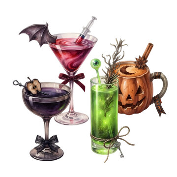Halloween cocktails, Halloween cocktail watercolor set with spooky drinks and decorations, party beverage collection for autumn and holiday design
