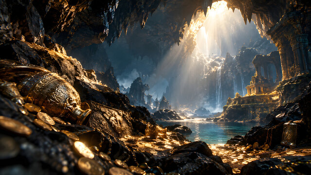 Golden Treasure Cave Filled with Gold Coins &ndash; Ancient Hidden Underground Treasure Fantasy Adventure Scene