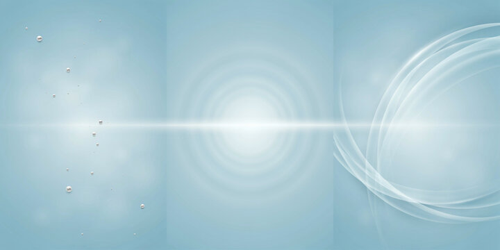 Abstract blue background, triptych with glowing, light rays and, floating water droplets