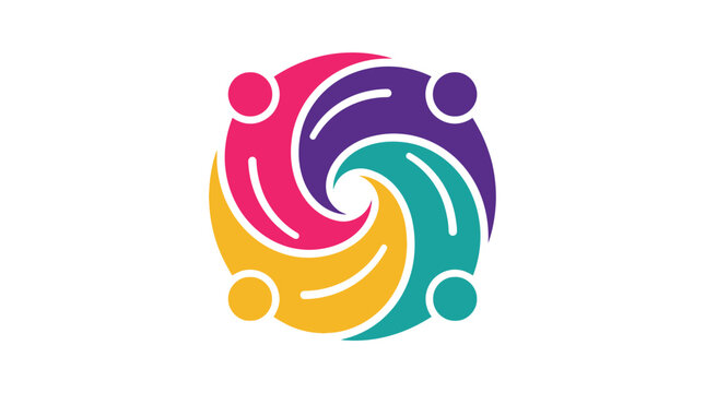 Vibrant circular teamwork logo design featuring stylized human figures connecting in a colorful spiral geometric pattern