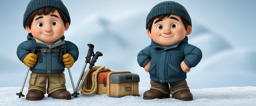Explorer cartoon figures dressed in winter jackets stand on snow with gear.