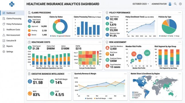 Healthcare insurance analytics dashboard. Claims processing status summary with donut charts and bar graphs. Policy performance metrics. Executive business intelligence and risk assessment