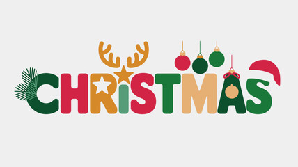 Naklejka premium Creative christmas typography design with festive elements like reindeer antlers, ornaments, and a santa hat