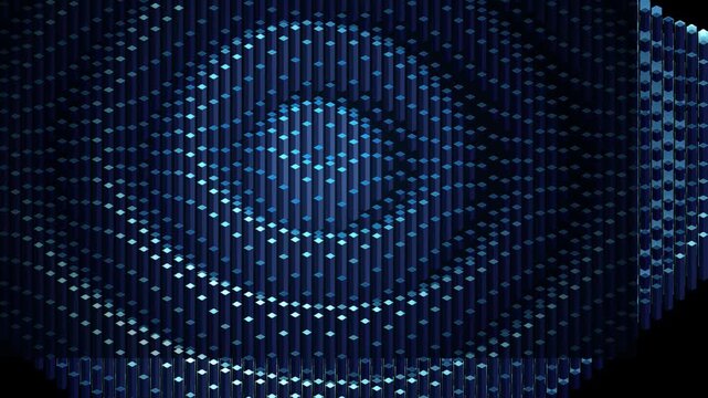 Abstract dark blue background with glowing square dots arranged in a concentric circle pattern representing digital technology and data connection 4k Motion Video