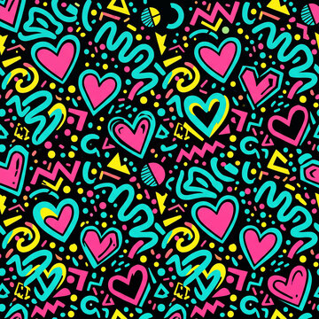 Vintage nineties pop art pattern with vibrant doodle hearts and neon squiggles