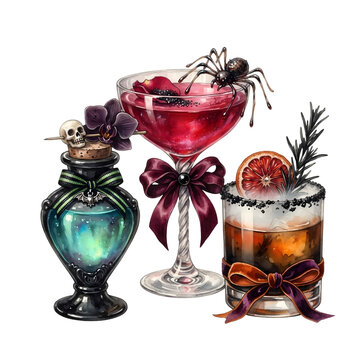 Halloween cocktails, Halloween cocktail watercolor set with spooky drinks and decorations, party beverage collection for autumn and holiday design
