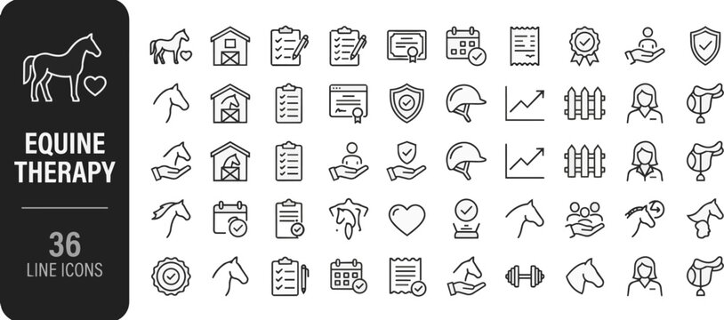Equine therapy line icon set for horse care with stable on transparent background Editable Stroke.