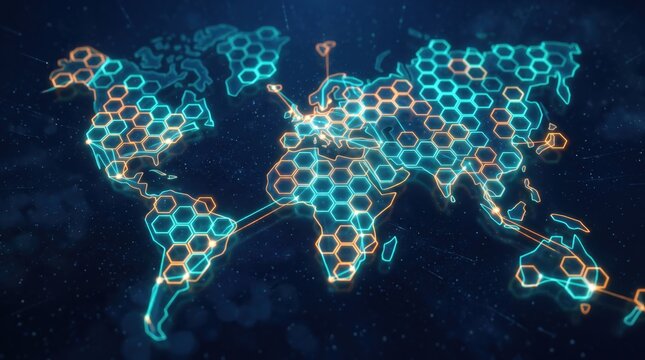 Digital world map with hexagonal grid pattern and glowing connection lines representing global network data transfer, futuristic technology background for cybersecurity concept