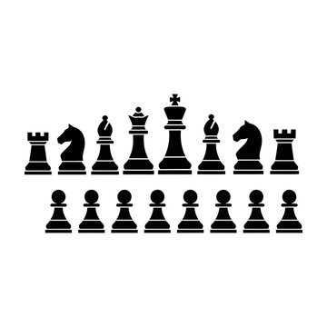 Chess pieces and pawns on a board, black and white illustration of strategy game