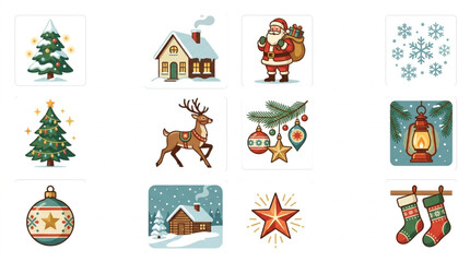 Fototapeta premium Minimalist Colorful Christmas Holiday Icons Set Festive Decorations Santa Snowflakes Ornaments and Winter Scenes