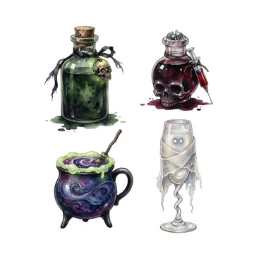 Halloween cocktails, Halloween cocktail watercolor set with spooky drinks and decorations, party beverage collection for autumn and holiday design
